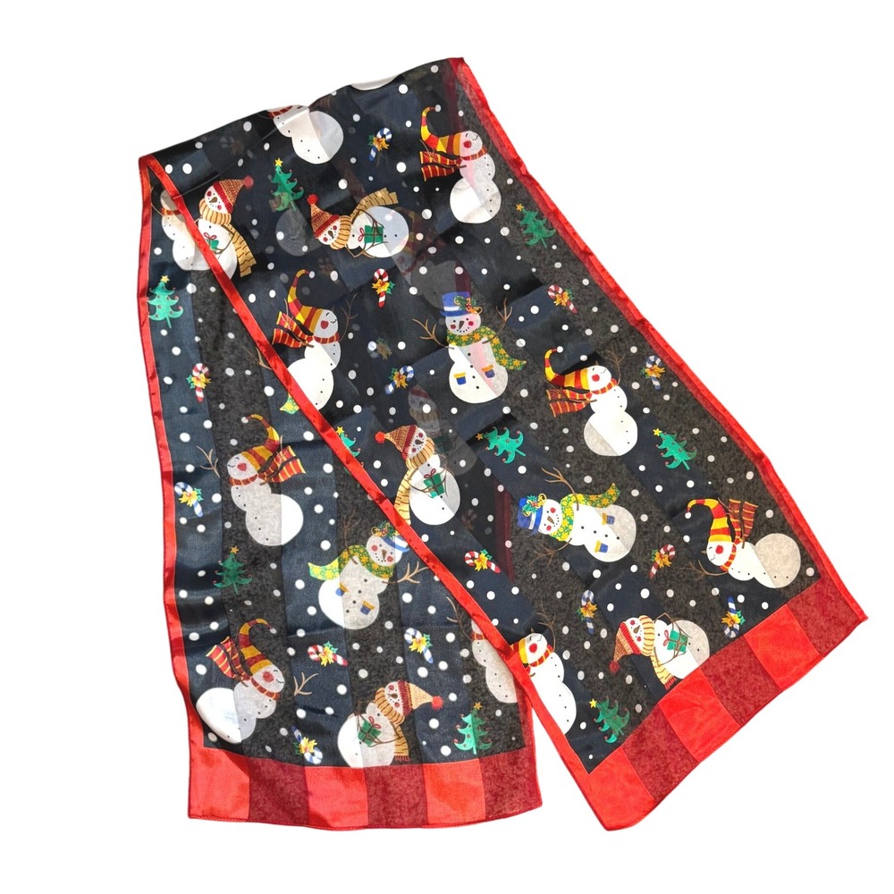 Holiday Snowman Scarf Black Sheer Christmas Tree Candy Cane Festive Accessory